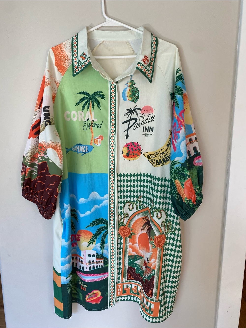 Colorful Tropical Graphic Button-Front Shirt Dress - Green, Blue, Orange